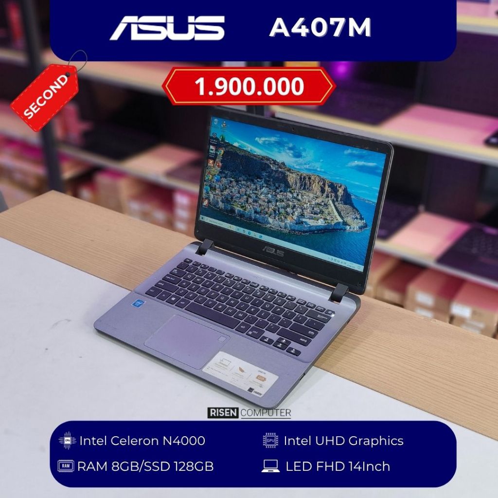 ASUS A407M Intel Celeron N4000 HD 14inch RAM 8GB SSD 128GB Notebook Second Bekas