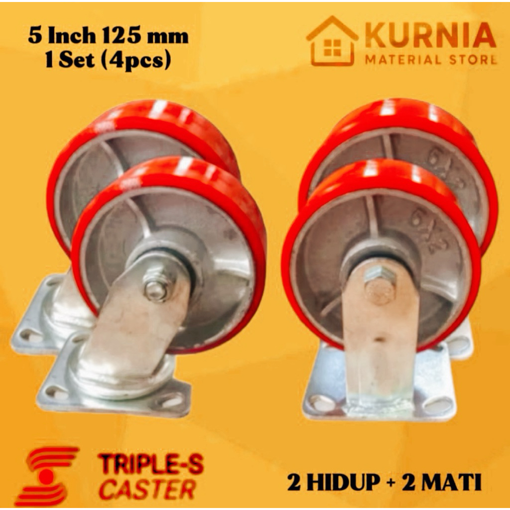 (4 pcs) Roda Troli 5 inch 125 mm PU Heavy Duty (2 Hidup + 2 Mati)
