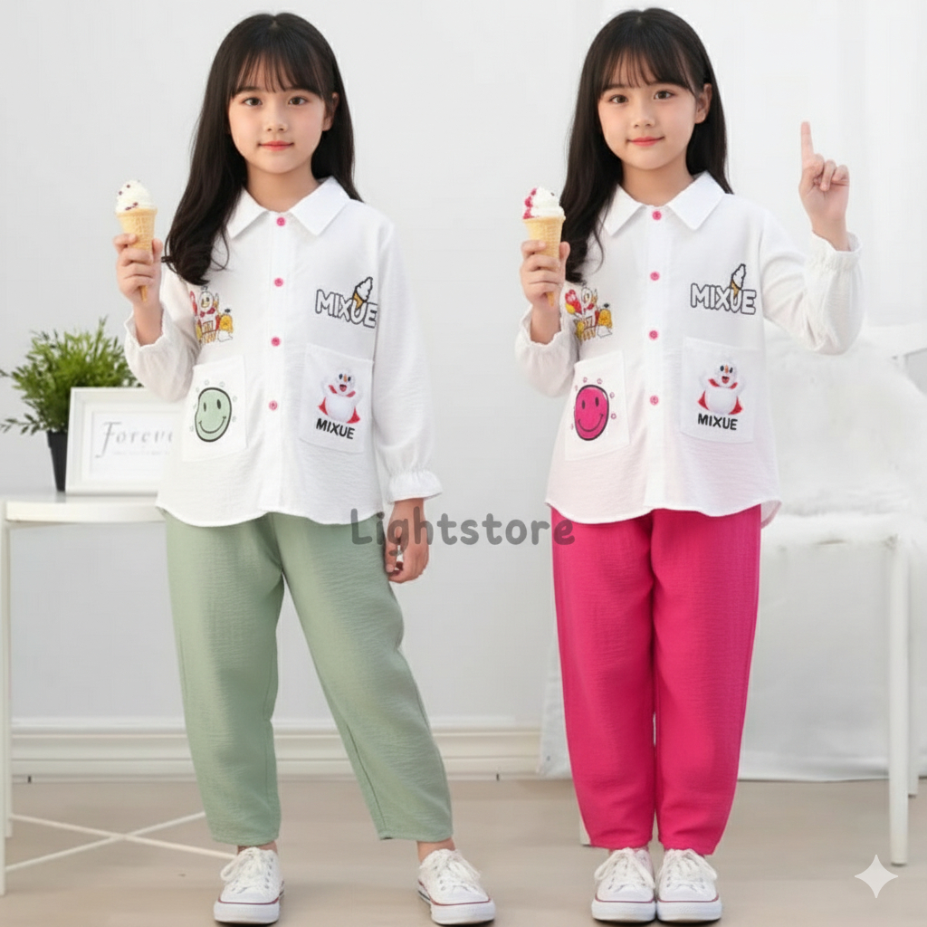 Baju anak perempuan Setelan kemeja anak perempuan Crinkle Emoji Mixue 3-12 Tahun pakaian anak
