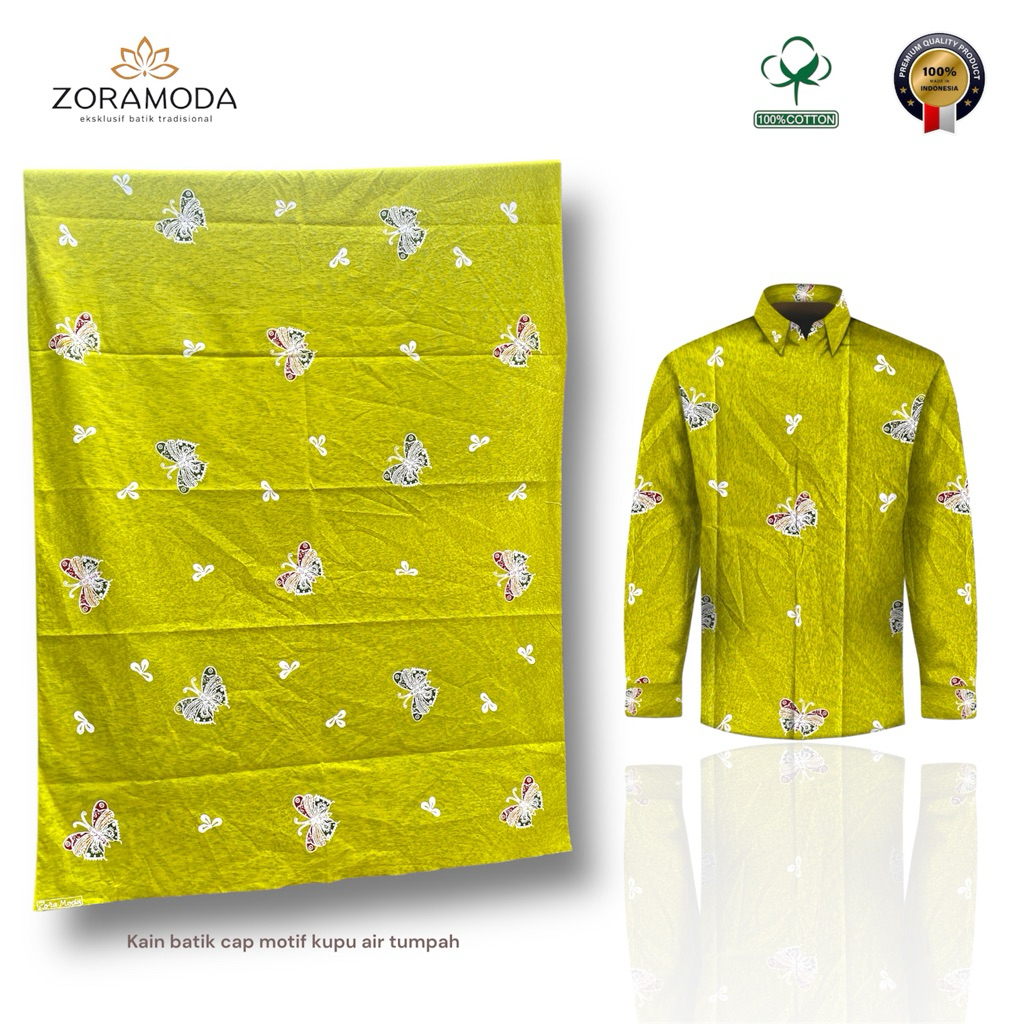 Kain batik cap  eksklusif warna lime green / kain batik warna lime green motif kupu-kupu