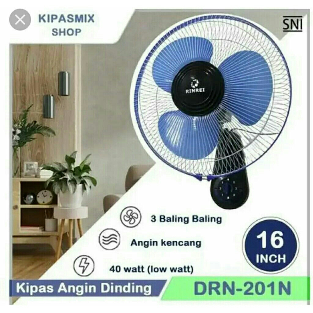 rinrei kipas angin dinding /tembok 12inch 3 speed baling besar, angin kencang, 180• swing, 40 waat