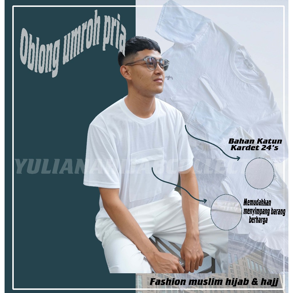 Kaos Umroh pria putih lengan pendek saku depan