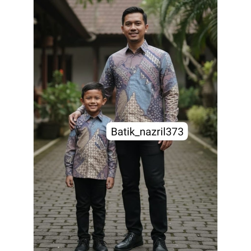 batik pink kombinasi couple ayah dan anak laki laki lengan panjang