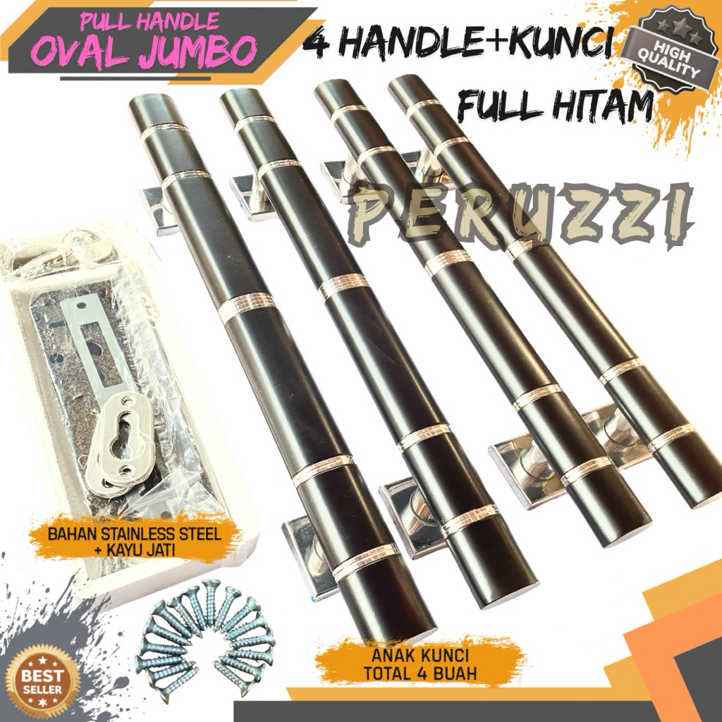 OVAL JUMBO FULL HITAM Handle Satu Set Kunci Body Gagang Pintu Rumah 2 Pintu Kupu Tarung 45cm 60cm