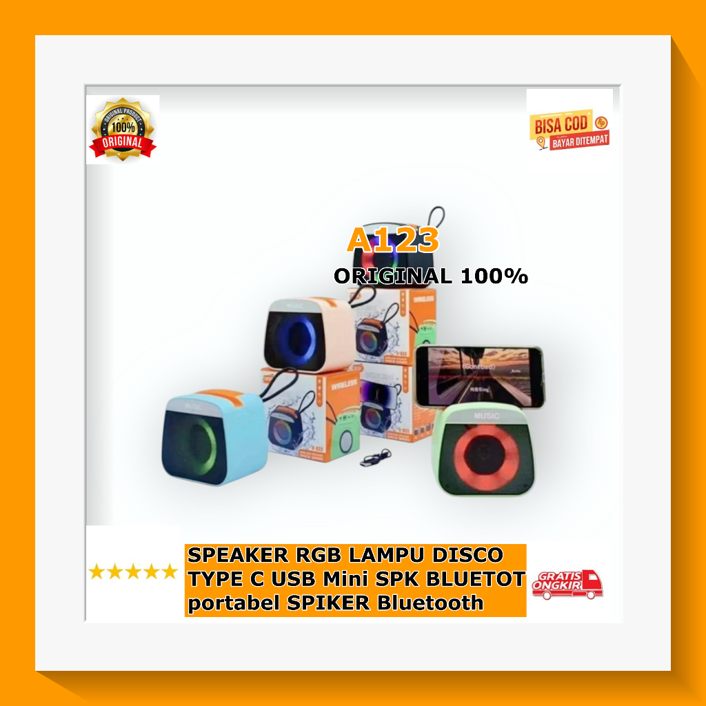 A123 SPEAKE BLUETOOTH SUARA BAS ORI 100% SPEAKER RGB LAMPU DISCO TYPE C USB Mini SPK BLUETOT portabe