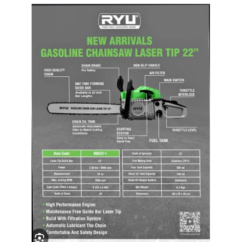RYU GASOLINE CHAIN SAW STEEL ALLOY 22" - MESIN POTONG KAYU - SENSO RGS22-1