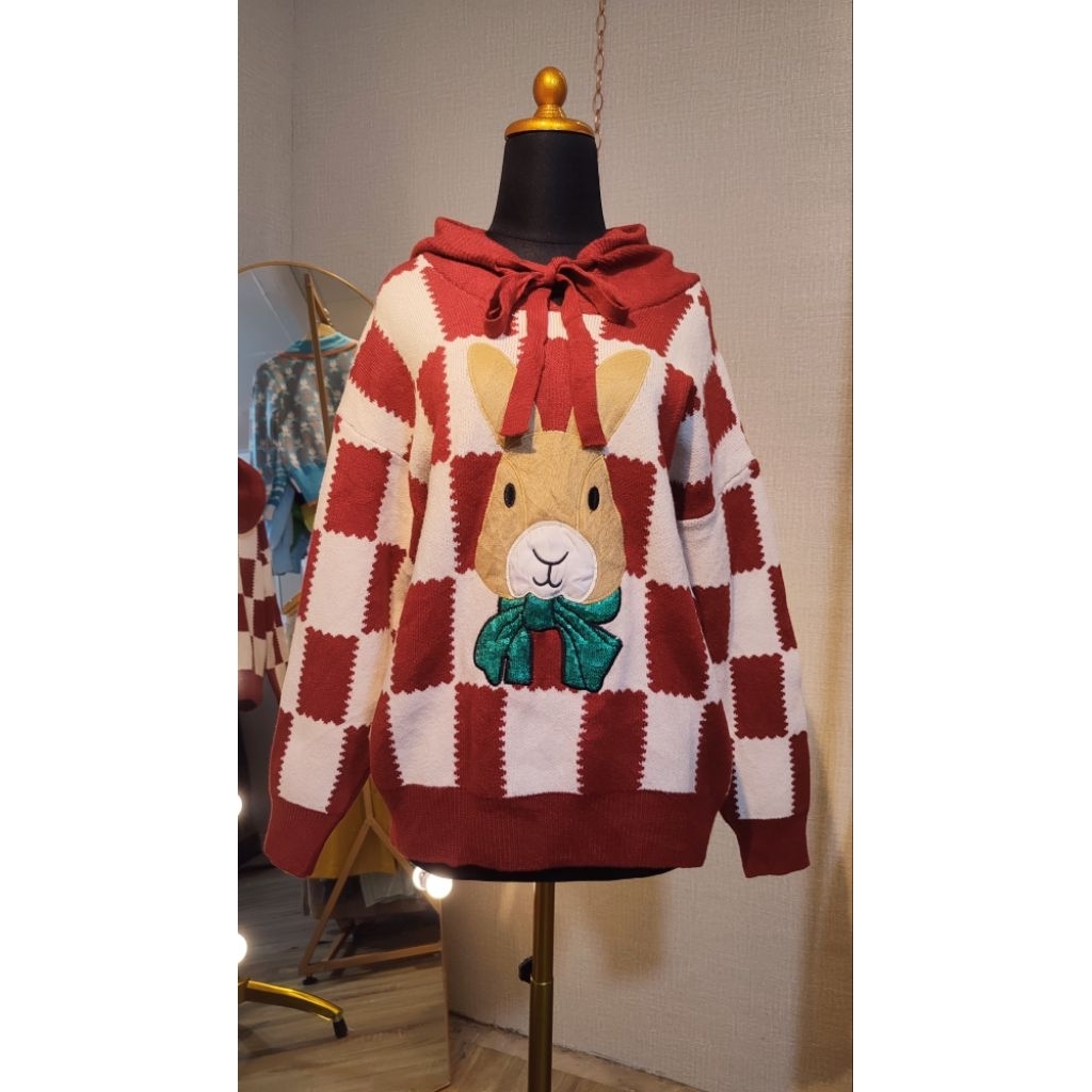 [Bukan New] Cardigan Sweater Hoodie Impor Merah Kotak Bunny Sequin Premium