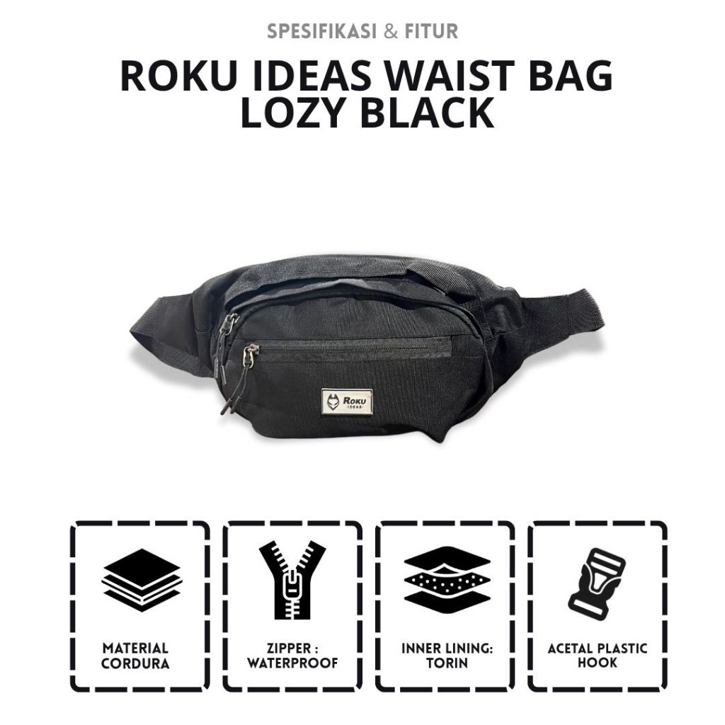 Roku Ideas Waist Bag Lozy Black - Tas Pinggang Warna Hitam Unisex
