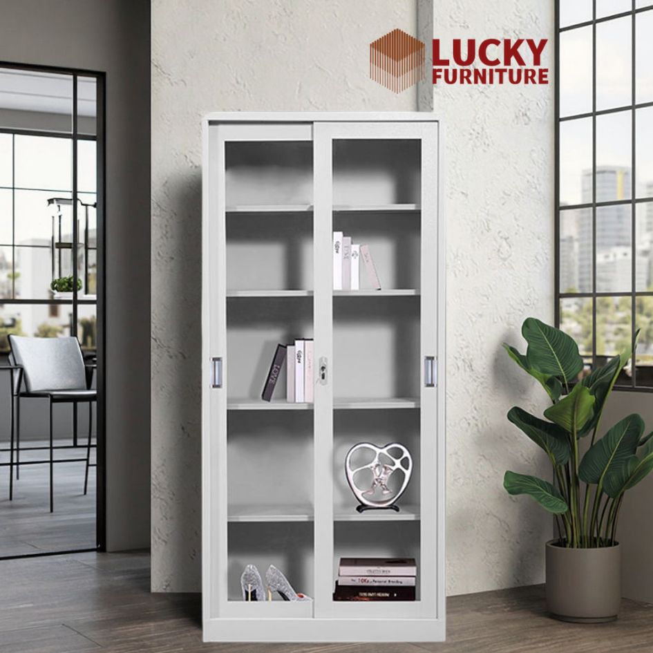 Lemari Arsip Besi Geser Full Kaca Dua Pintu - Lemari Arsip Kantor Lemari DokumenLemari Piagam Besi