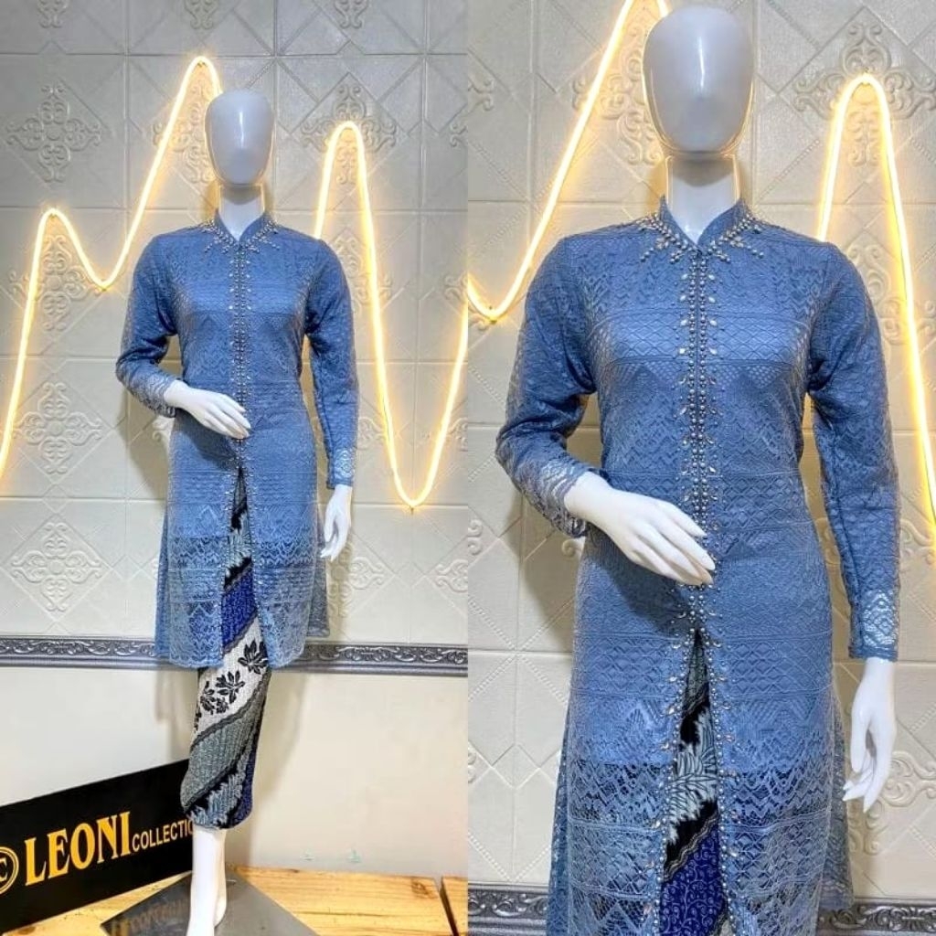 One Set Kebaya Brokat Payet Resleting Depan Mewah Kebaya Shanghai Brokat