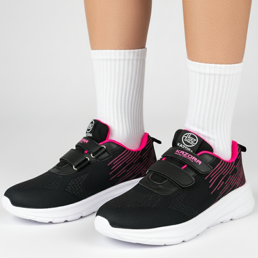 KAZORA KIDOZ Sepatu Sekolah Anak Dan Dewasa Laki Laki Dan Perempuan Perekat Velkro Sepatu Hitam Pink