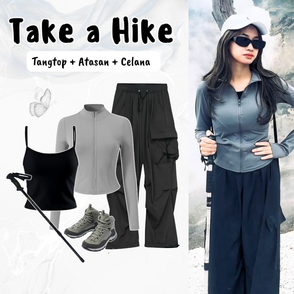 one set 3in1 tangtop + atasan jaket sport+ celana cargo | baselayer midlayer olahraga mendaki hiking