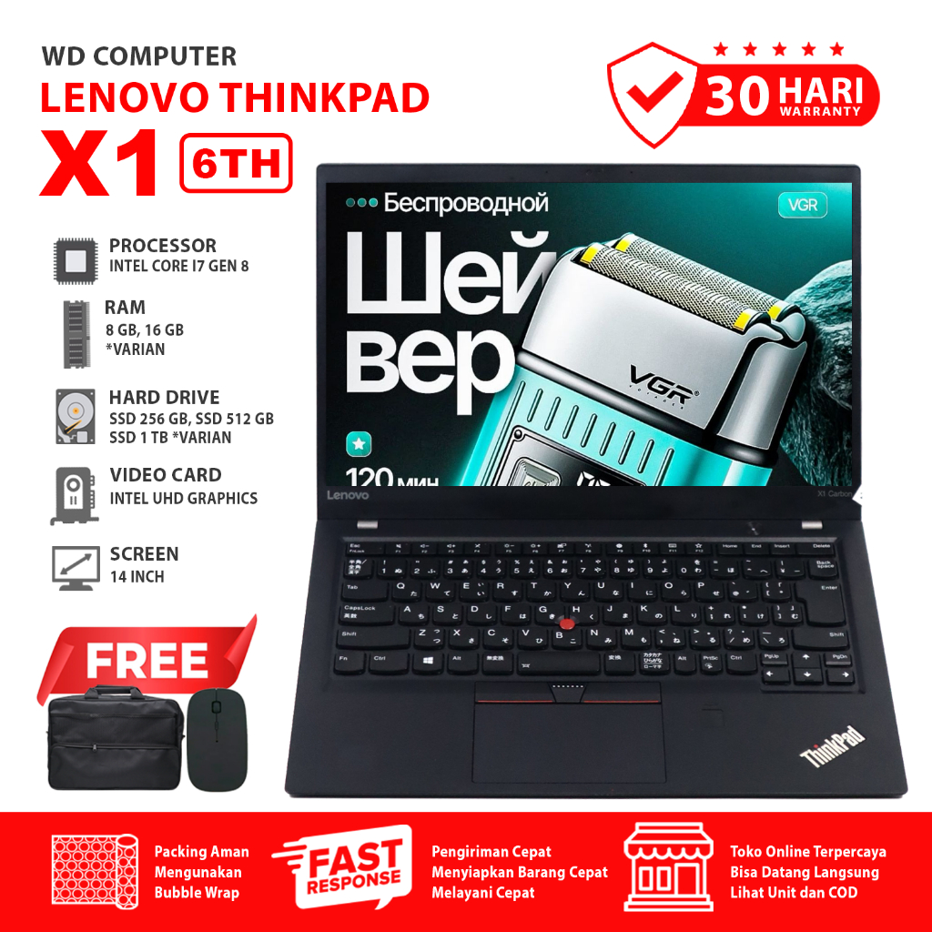 Lenovo X1 Carbon Gen 6Th I Core I7 Gen 8 I Ram 16 Gb Ssd 1 TB NVME I Bonus Mouse Dan Tas