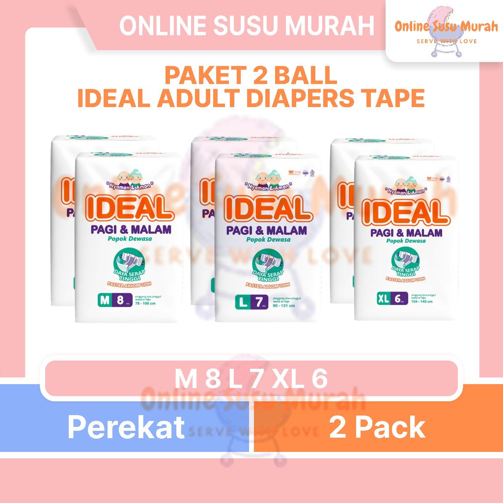 IDEAL ADULT DIAPERS PAKET 2 BALL TAPE M 8 L 7 XL 6 POPOK DEWASA M8 L7 XL6 PPKS