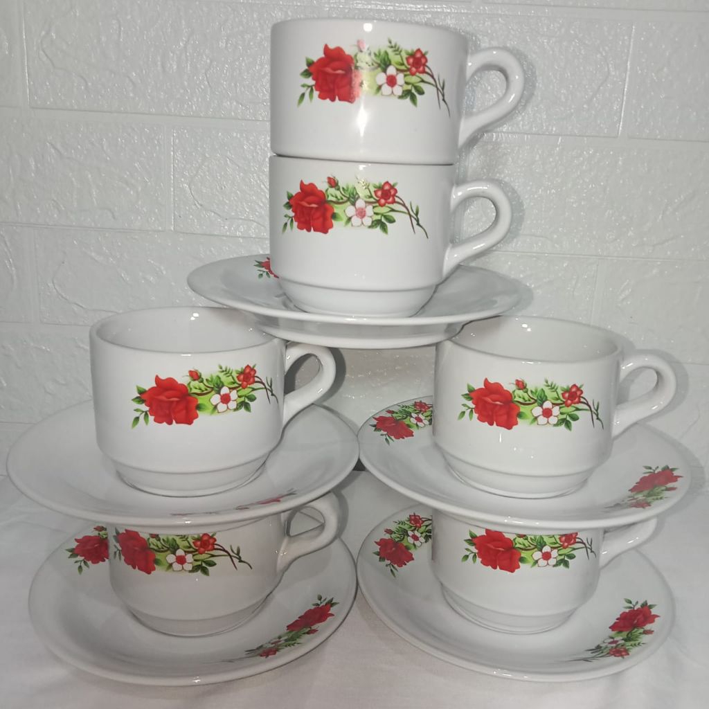 Set Cangkir Keramik Mawar Merah