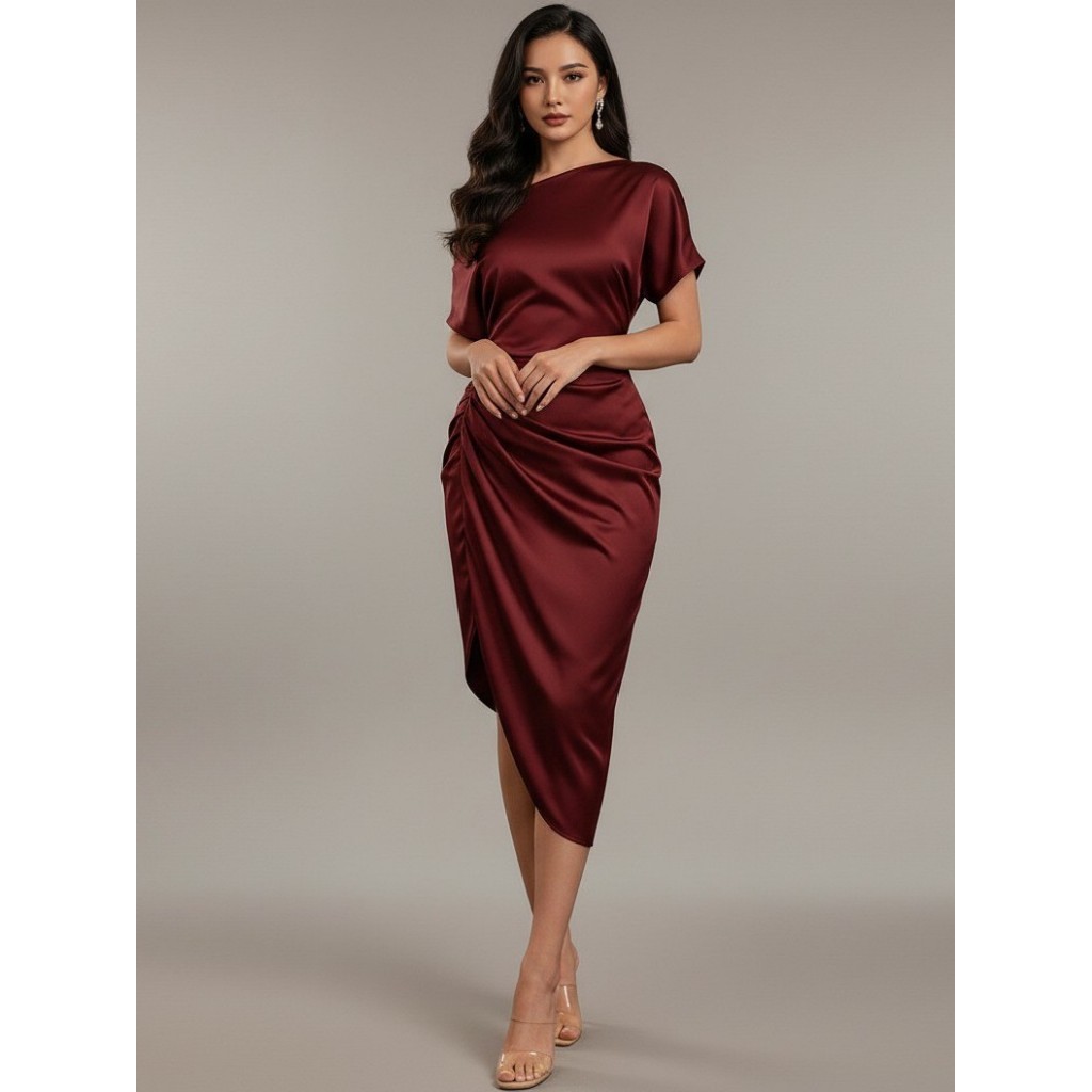 Iris Dress Natal Gaun Wanita Gereja Dress Satin Polos Kasual SB006 Midi Dress Serut Bridesmaid