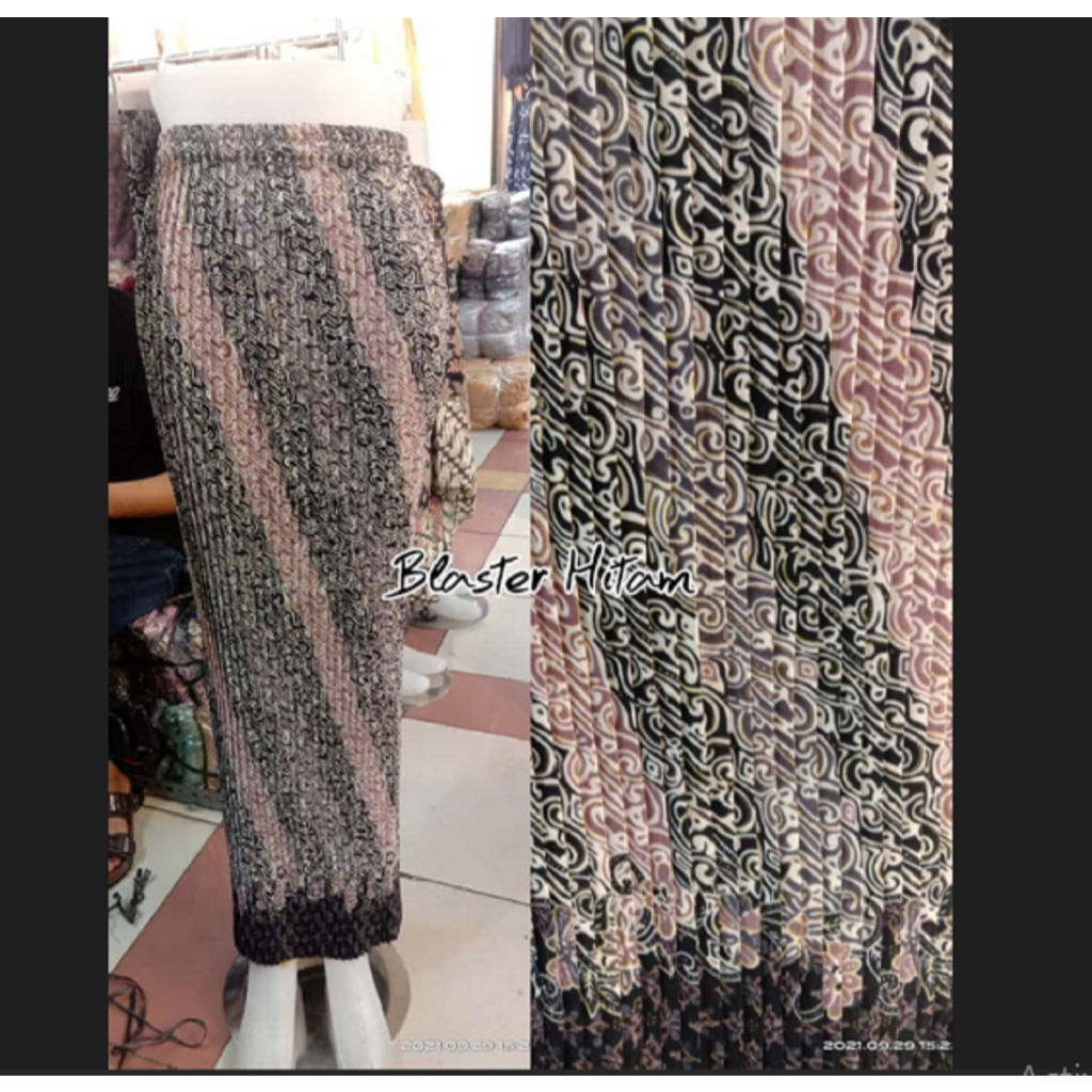 Rok Batik Wanita Model Plisket Bahan Semi Sutra Silky Motif Blaster Warna Hitam