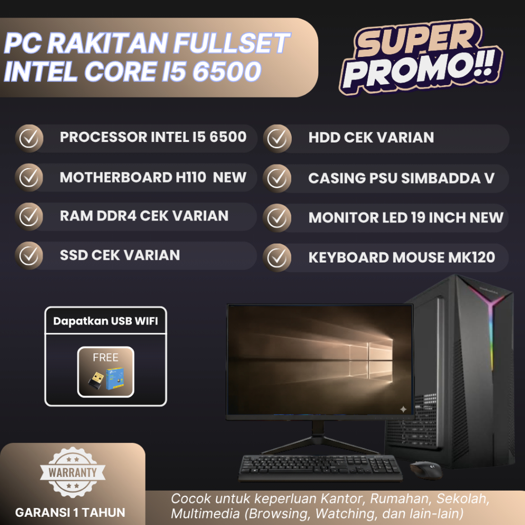 PC Rakitan Fullset Intel Core i5 6500 | RAM DDR4 | SSD/HDD Variasi | Monitor LED 19 Inch | Komputer 