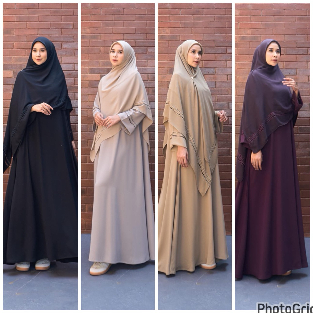 Khalisa dress,gamis syari set hijab hitam wanita premium Marevi hijab segi empat,buat umroh atau aca