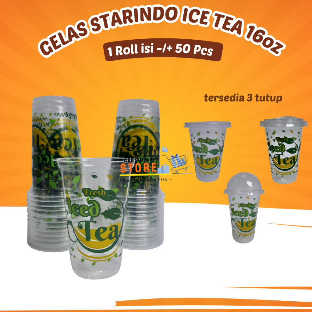 CERIA - Gelas Plastik Motif Ice Tea Buah 16oz Starindo Isi 50 Pcs l Cup Sablon Printing l Gelas Teh 