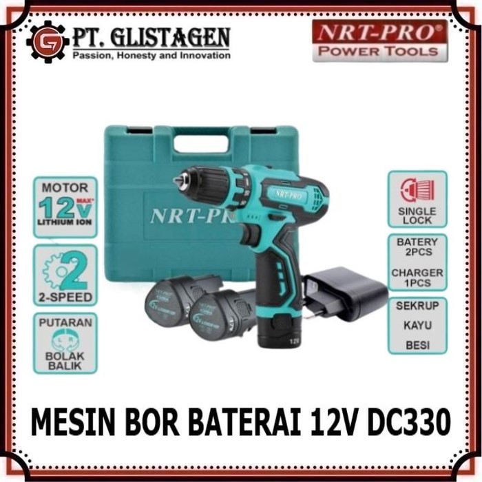 NRT PRO DC 330 Mesin Bor Baterai 12 Volt Cordless Drill Screwdriver 10mm DC330