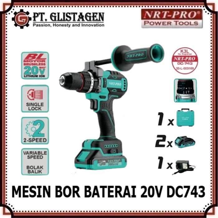 NRT PRO DC 743 Mesin Bor Baterai 20 Volt Cordless Impact Drill 13mm Brushless 743DC
