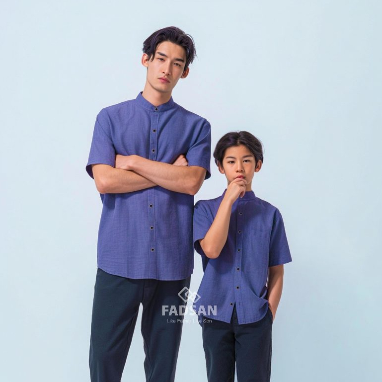 Baju Kemeja Panjang Ayah Anak Couple Koko Modern Warna Biru Denim Tufy - FADSAN