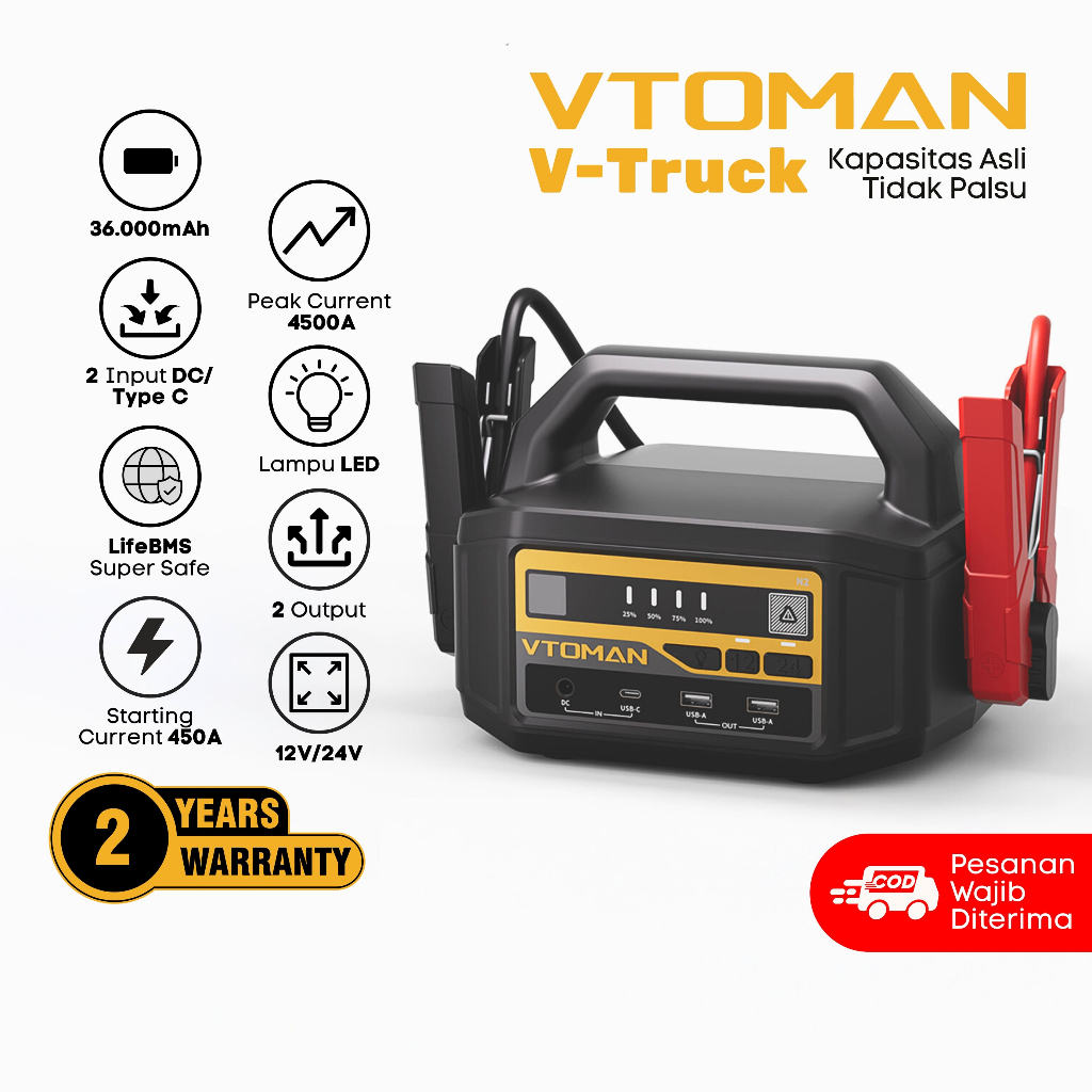 VTOMAN V-Truck Jumper Aki Mobil 12V & 24V Kapasitas 135Wh Jumper Aki Mobil Truck Jumper Aki Mobil Pi