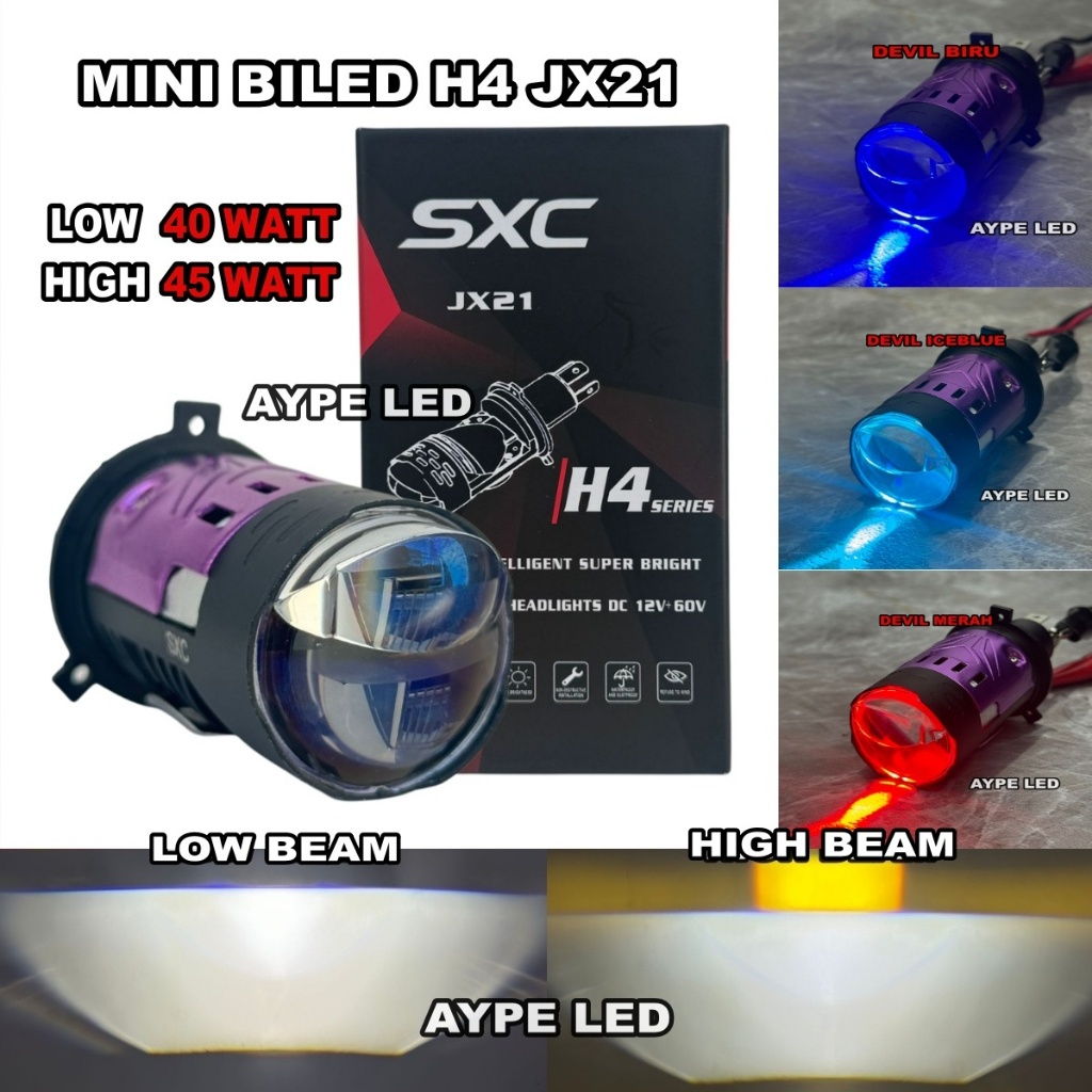 Lampu Mini Biled H4 JX21 SXC Bluelens Devil Eyes Kipas 40 Watt Mini Projector H4 Motor Mobil