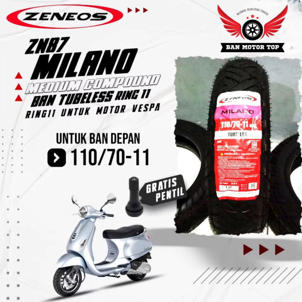 Ban Motor Vespa Matic Piagio Zeneos Milano ZN87 Ring 10 11 12 110/70 120/70 130/70 Tubeless Untuk Mo