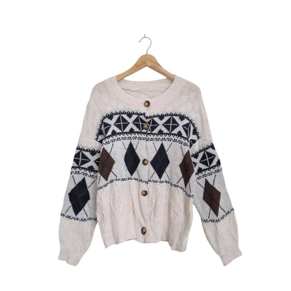 Cardigan Premium Kepang Motif Ketupat Argyle Putih - BW (KODE : B107 -10)