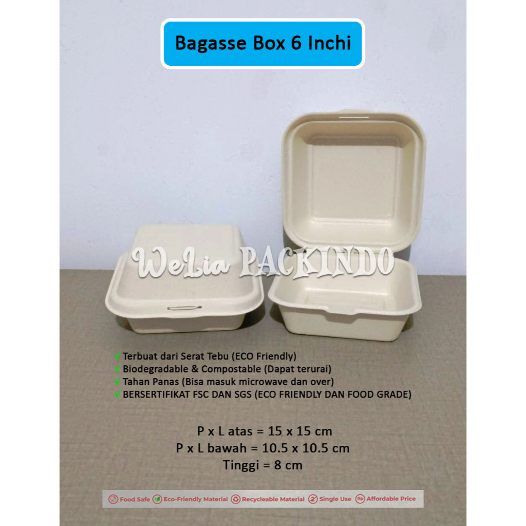 [1 PCS INSTANT] Bagasse Box Bento 6 Inchi 15x15 cm / Box Cake Burger 6" 6 Inch / Lunch Box Small Sug