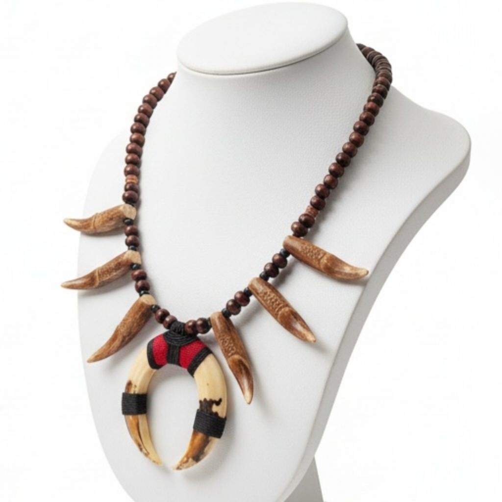 Kalung Etnik Sepasang Taring Tribal Resin – Aksesoris Pria Wanita Bohemian Unik