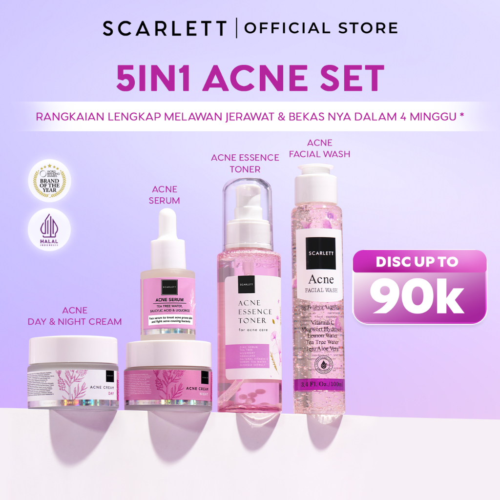 SCARLETT Acne Series - 5in1Paket Lengkap Mencegah & Penghilang Jerawat  2% Salicylic Acid  Serum+Cle