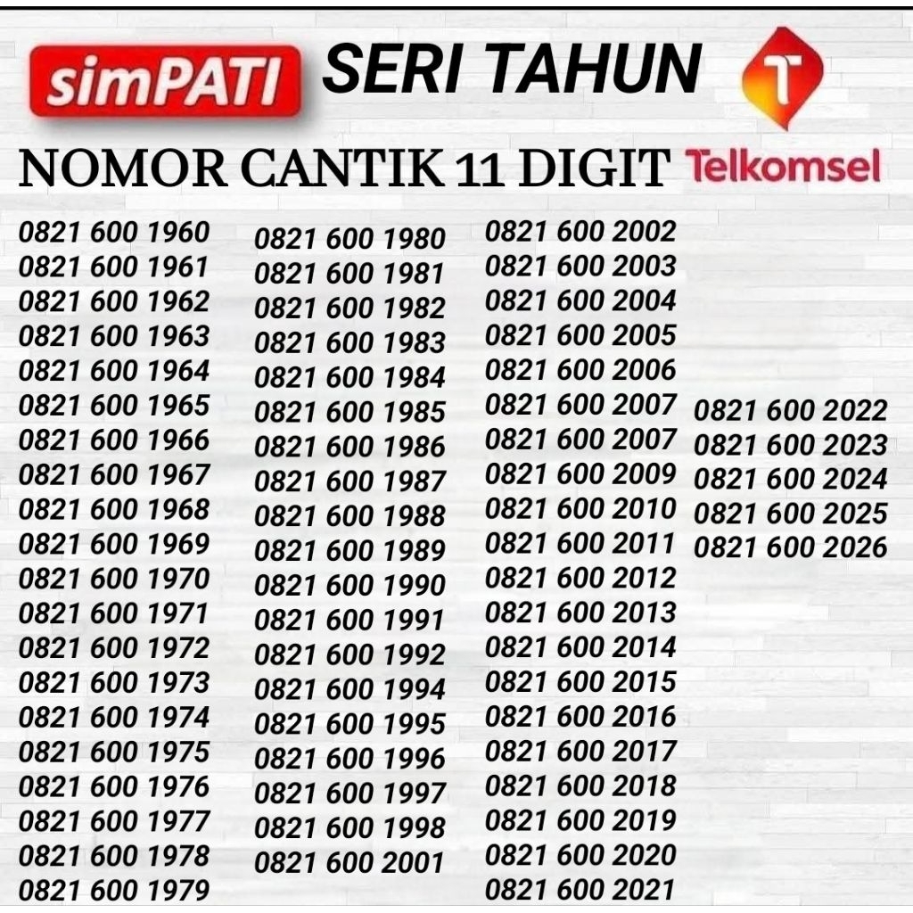 NOMOR CANTIK TELKOMSEL SERI TAHUN 11 ANGKA - SIMPATI 11 DIGIT SERI TAHUN - KARTU PERDANA TELKOMSEL S
