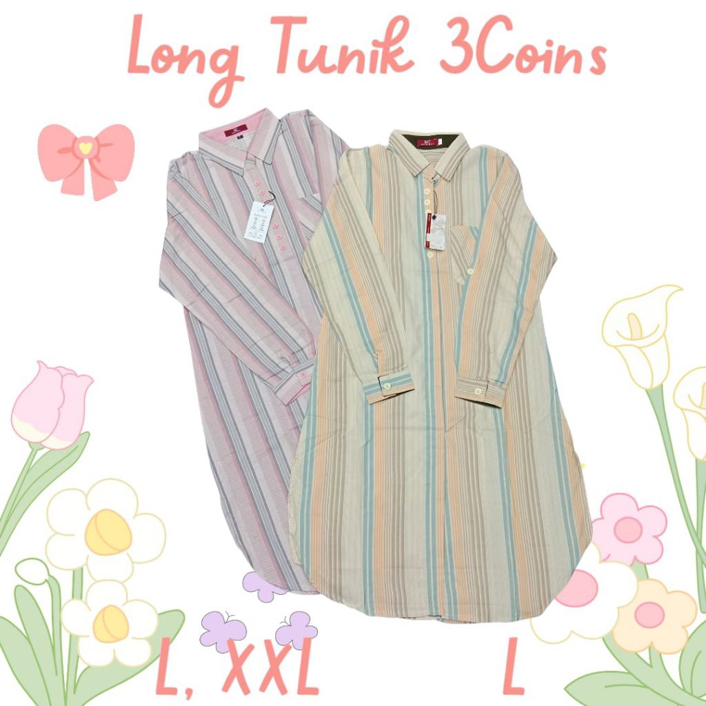 Long Tunik wanita branded | Tunik 3 coins Original | bahan katun full kancing | fit M to XXL