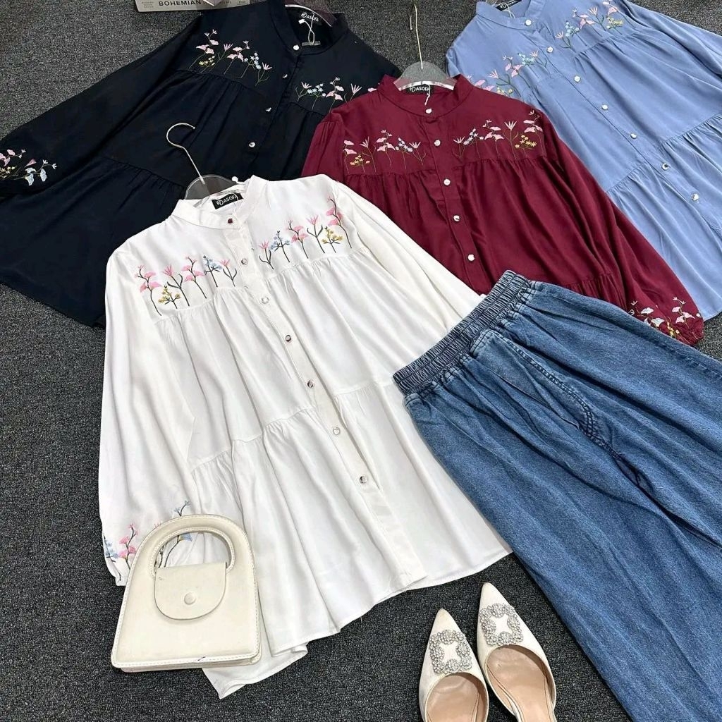 Asofa Tiffany Setelan Celana Jeans Blouse Aksen Bordir