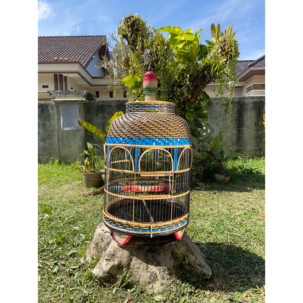 SANGKAR PERKUTUT MOTIF ANYAMAN TRADISIONAL KAYU & ROTAN | KANDANG PERKUTUT
