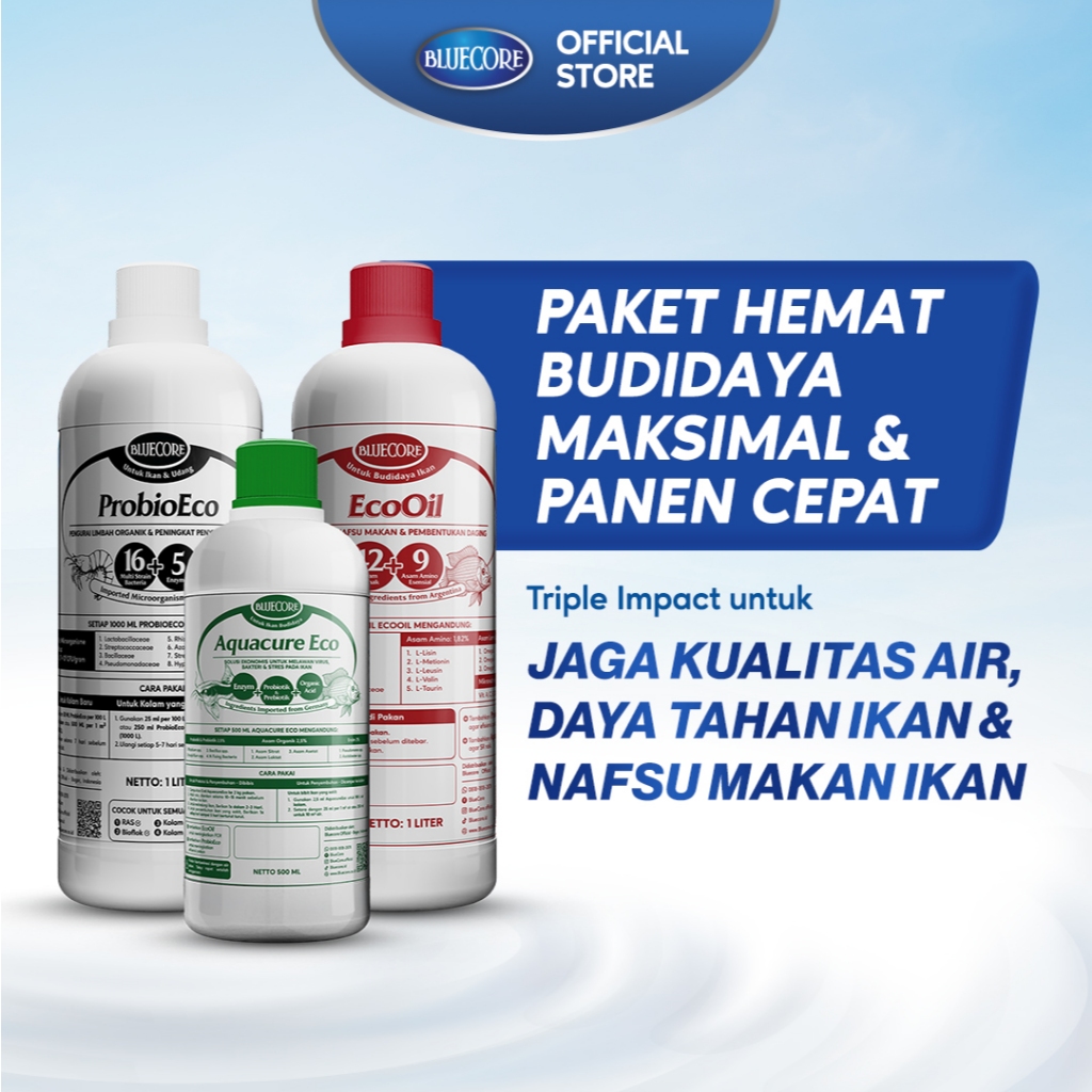 Bluecore Paket Hemat - Probiotik Ikan & Obat Air Kolam Bioflok Anti Bakteri + Vitamin Pertumbuhan Ik