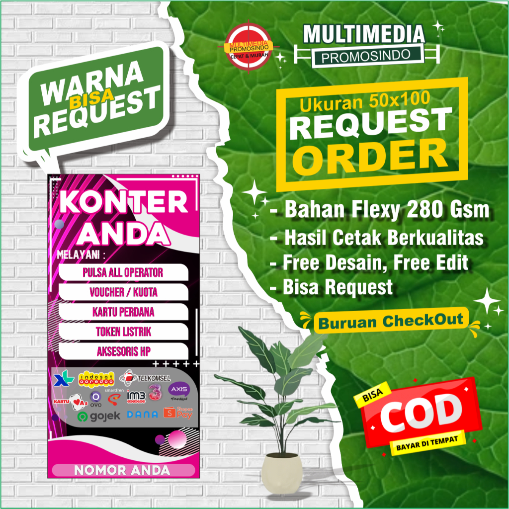 BANNER KONTER1 100X50CM FREE EDIT NAMA KONTER/SPANDUK KONTER/FREE DESAIN/MMT KONTER