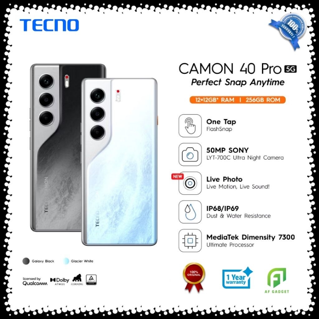TECNO CAMON 40 Pro 5G 8/256GB Mediatek D7300 Ultimate 6.78” FHD+ 144HZ 3D Curved Amoled 50MP Sony & 