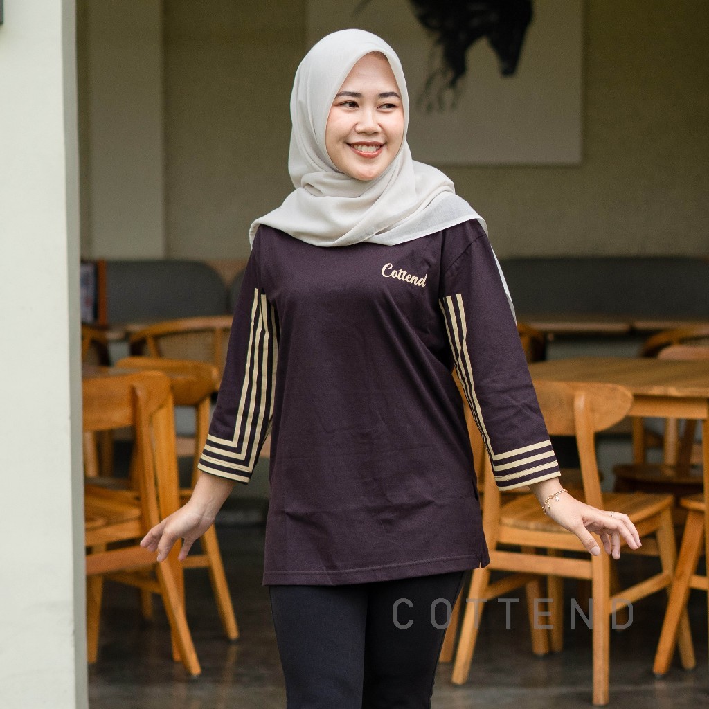 COTTEND Oversized Striped Stylish Baju Kaos Atasan Wanita Lengan 7/8 Sablon Garis Bahan Katun Combed