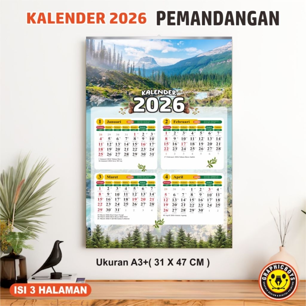 Kalender 2026 Gambar Pemandangan Isi 3 Lembar, Kalender 2026 Pemandangan Aesthetic, Kalender 2026 Ae