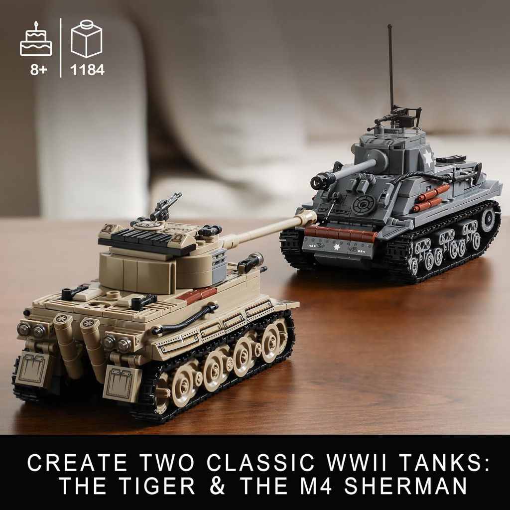 WW2 Army Tank Toys Building Kit Compatible with Lego, Create a German Tiger & an American M4 Sherman