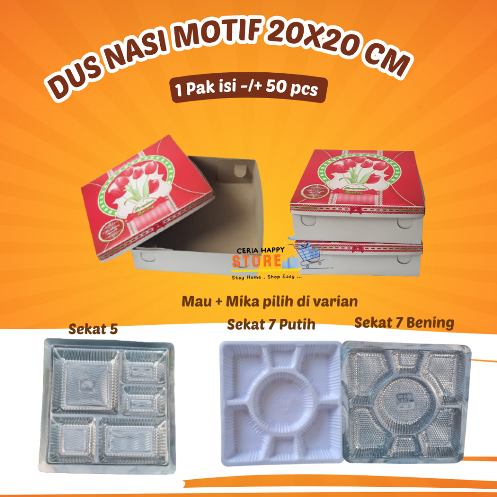 CERIA - 50 Pcs Dus Box Nasi Motif 20x20 / Kotak Nasi Makanan / Box Dus Nasi / Box Snack / Dus Nasi B