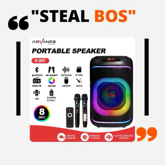 advance speaker portable Bluetooth 8 inch K-887 speaker aktif bluetooth full bass speaker mic wirele