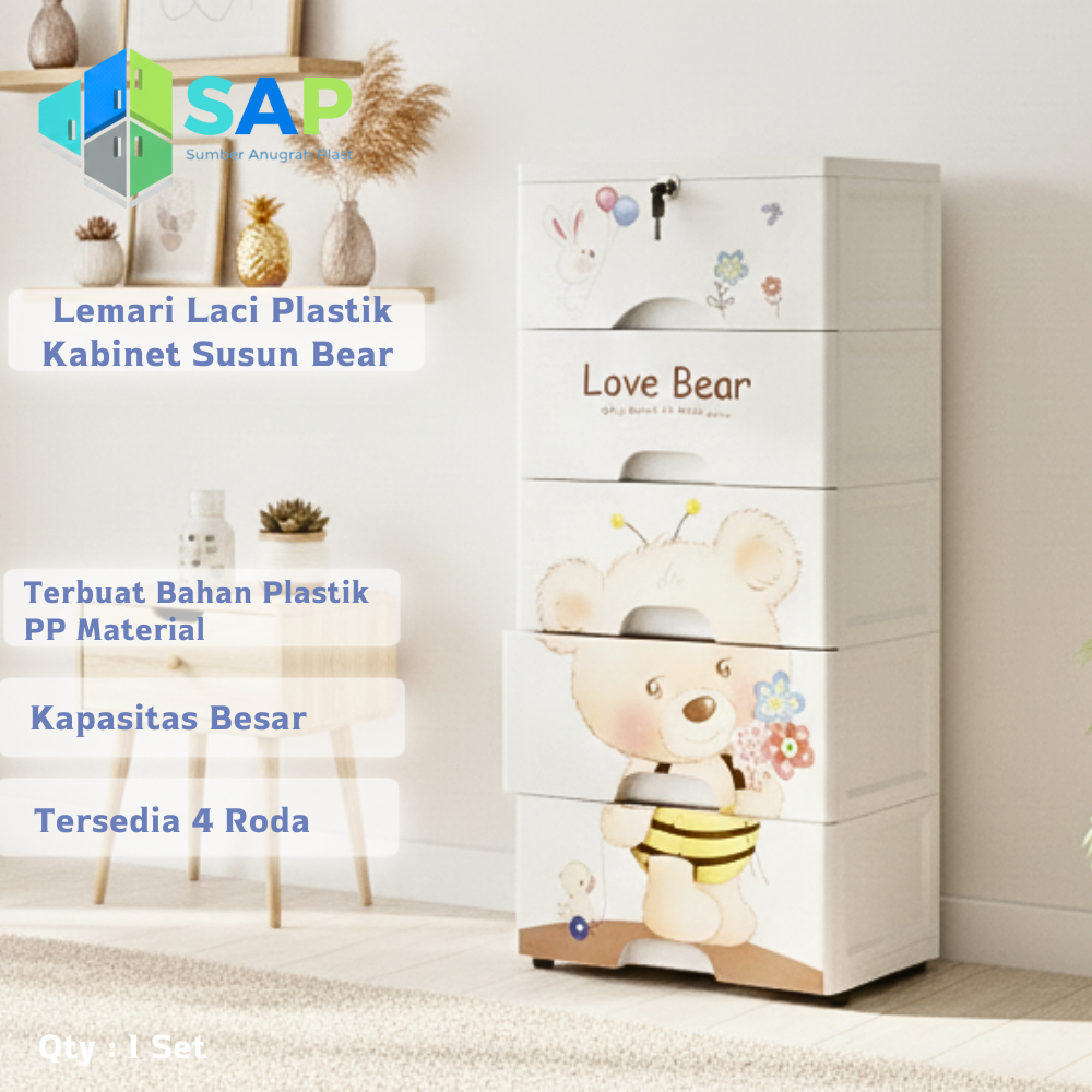 SAP Lemari Plastik Susun Bear 4 Dan 5 Tingkat Lemari Pakaian Anak Kunci Storage Box