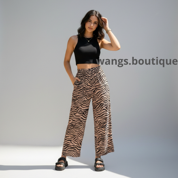 Celana Kulot Panjang Wanita Motif Zebra High Waist Pinggang Karet Celana Santai Korea Style Korean L