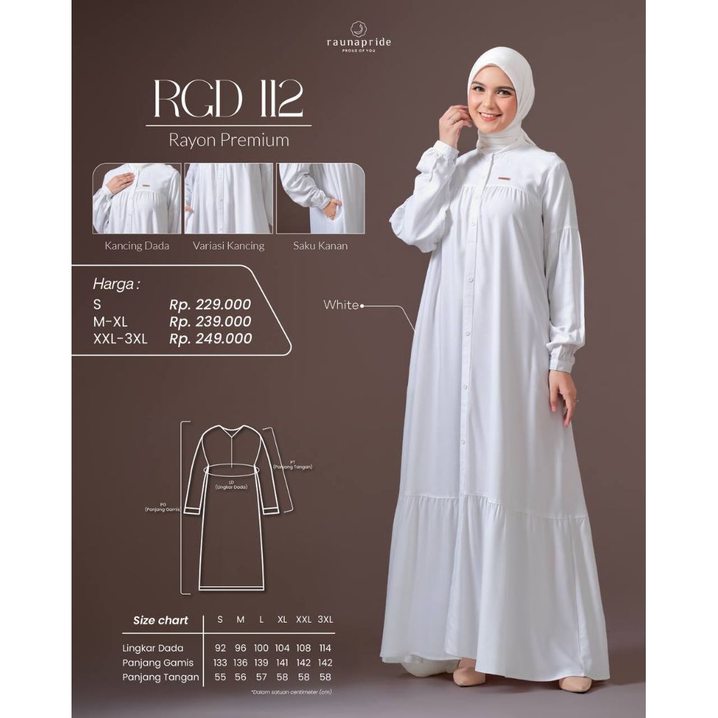 GAMIS RAUNA PUTIH RGD 112, GAMIS RAUNA RGD 112 WARNA PUTIH, GAMIS PUTIH PREMIUM
