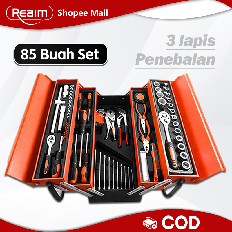 Tool Kit 85 Pcs Tool Box Perkakas Kunci Sok Set Pekerjaan Mobil Tool Box Set Alat Bengkel Tool Kit